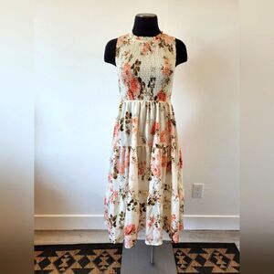 Cream Floral Midi Dress Smocked Tiered Fairy Cottage Whimsical Pastoral Maiden S